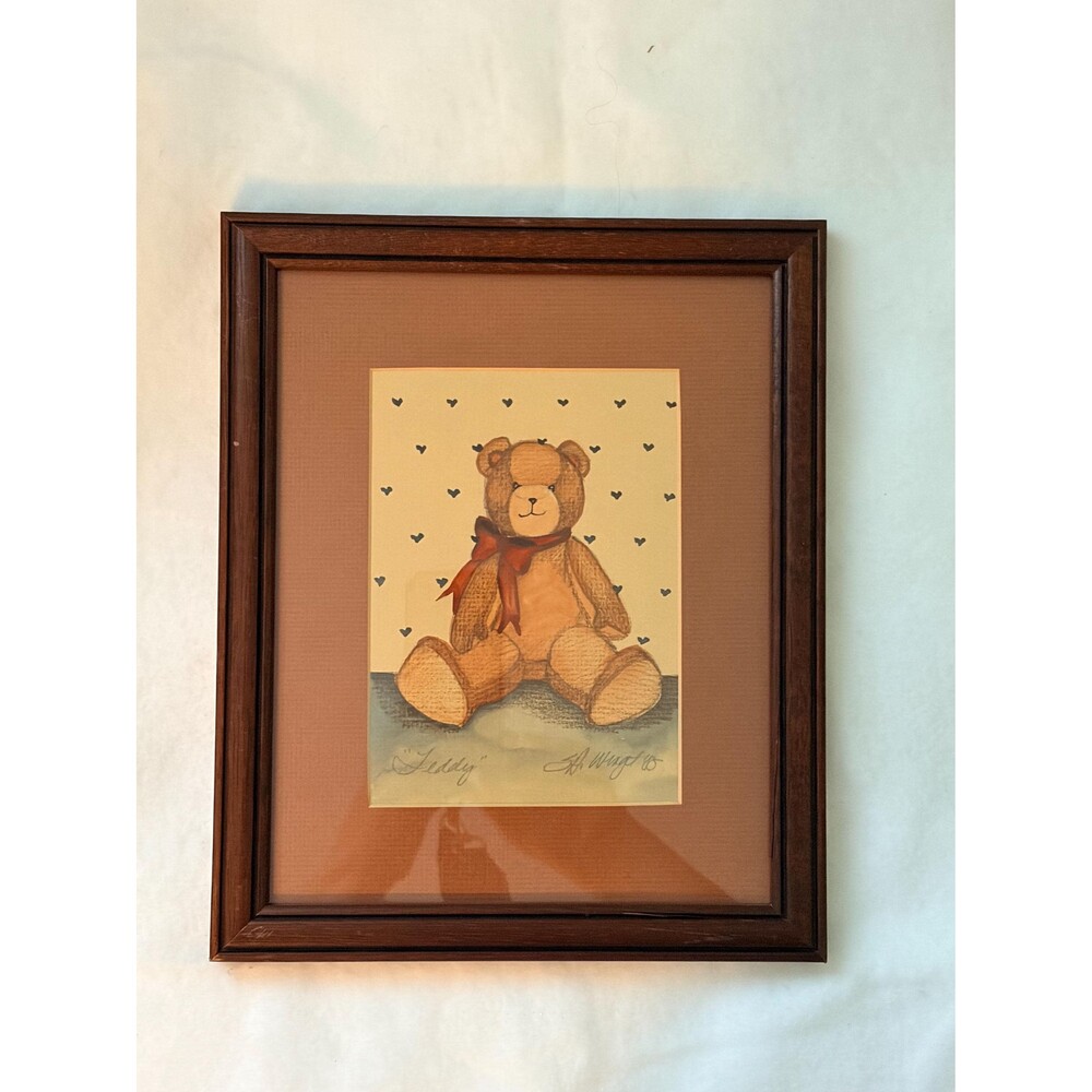 Vintage Framed Teddy Bear Watercolor Print "Teddy" Whimsical Nursery Cottagecore